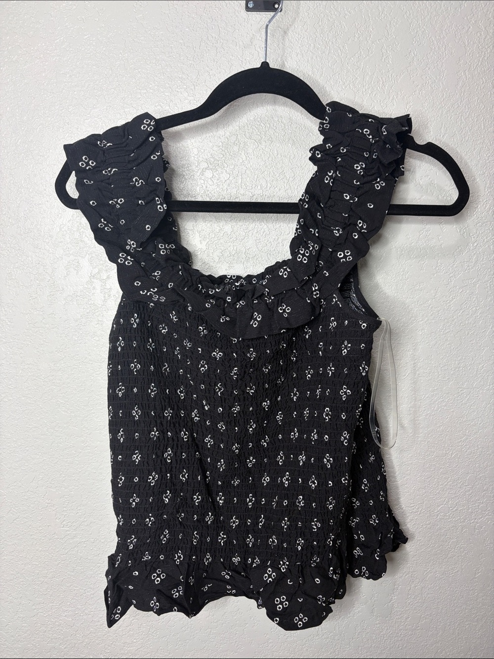 Ruffled Black Smocked Tank Top with White Dot Print